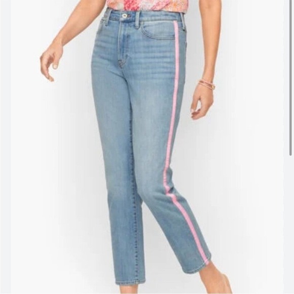 Talbots Denim - Talbots Modern Ankle Jeans Pink Ribbon Denim Colorful Embellished Size 16